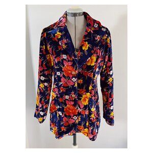 VTG 70s Square Ltd. Sz M Blue Velvet Floral Single Breasted Blazer